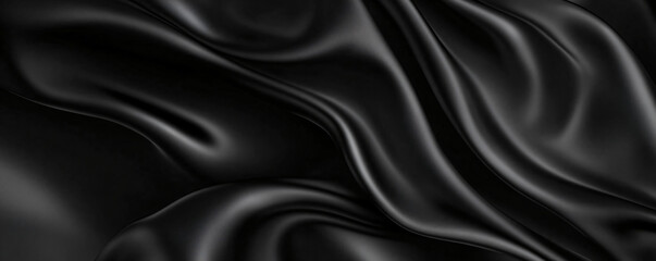 Fototapeta premium Shiny smooth luxury black satin and silk fabric. Template banner design for backgrounds, backdrops and wallpapers with space for text. Funeral and dramatic style