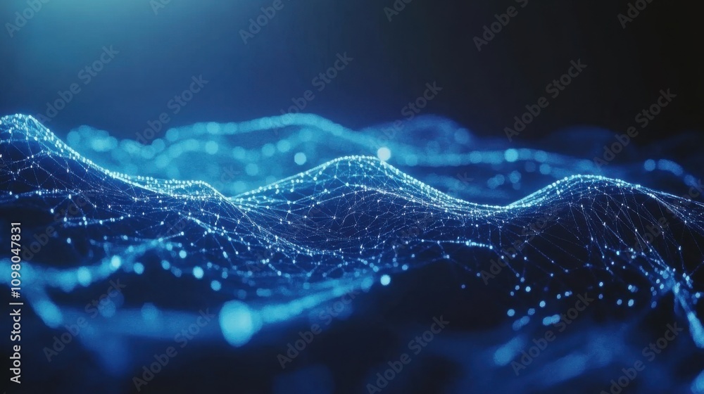 Poster data technology depiction. abstract futuristic setting. wave made of connecting dots and lines on a 