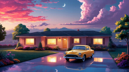 Pictured is an illustration of a model yellow car and a beautiful house at sunset.