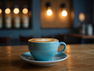 Obraz premium Blue Ceramic Cup of Steaming Coffee with Latte Art in Cozy Kitchen Interior
