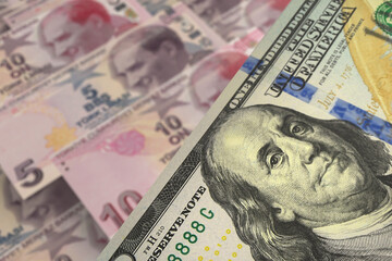 US dollar and Turkish lira banknotes. Cash. Financial concept.