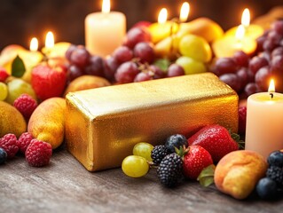 A luminous golden ingot, the centerpiece of an opulent still life, radiates prosperity and abundance Surrounding it, flickering candles cast a warm glow on a bountiful display of symbolic