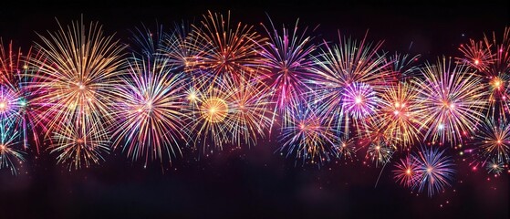 Fototapeta premium New Year's Eve fireworks exploding over a dark sky, explosion, new year, sparkling lights, festivities, fireworks