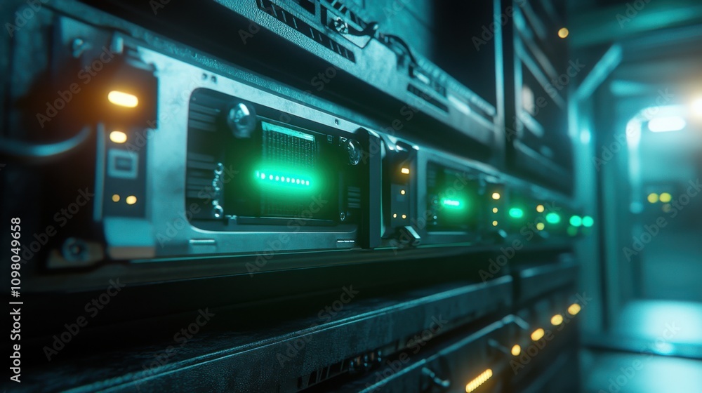 Poster a data center is showcased with a slow camera movement, highlighting server equipment with glowing l
