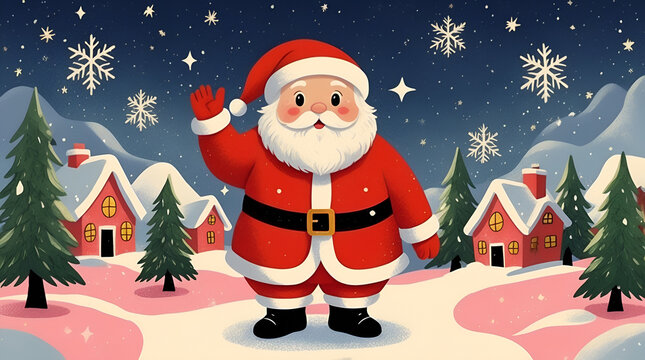 Santa Claus standing at the North Pole and waving - Adorable Illustration - Desktop Background - Generative AI