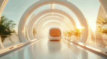 Fototapeta premium Futuristic transportation design featuring streamlined pod in a bright, airy tunnel surrounded by greenery and warm sunlight illuminating the space