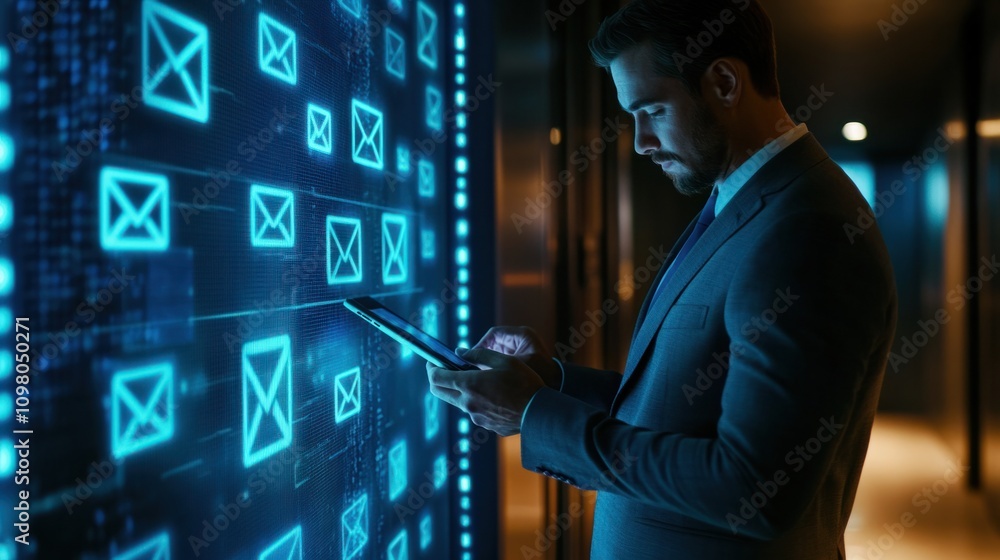 Poster businessman interacting with an augmented reality screen showing email security risks and phishing a
