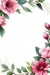 Elegant floral border with pink flowers and foliage on a white background and copy space