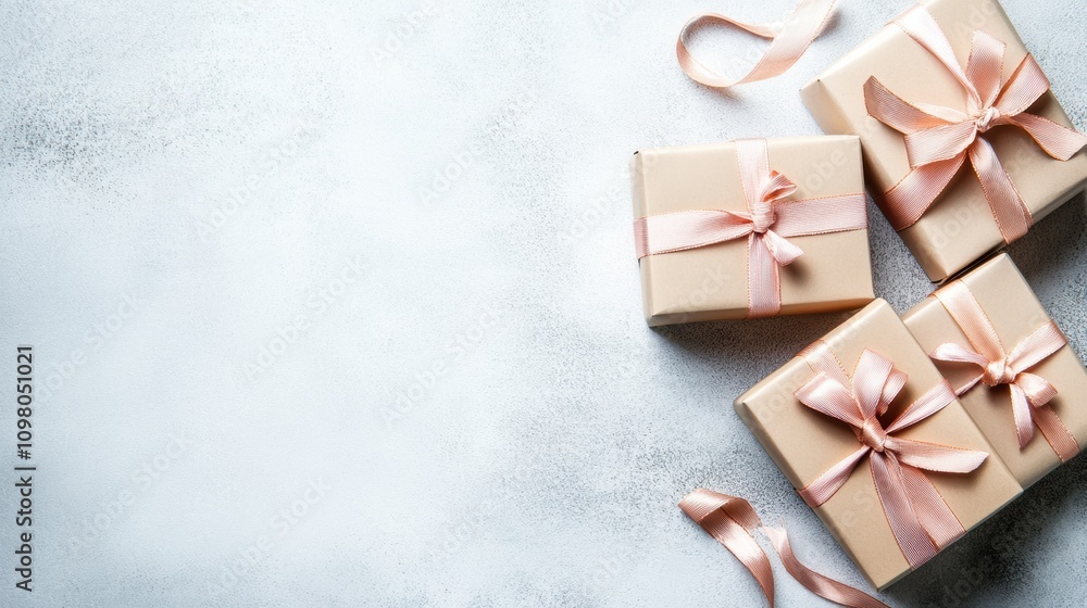Poster Handcrafted gift boxes in soft pastel tones showcase delicate ribbons, perfect for adding charm to any celebration or gifting moment. Generative AI