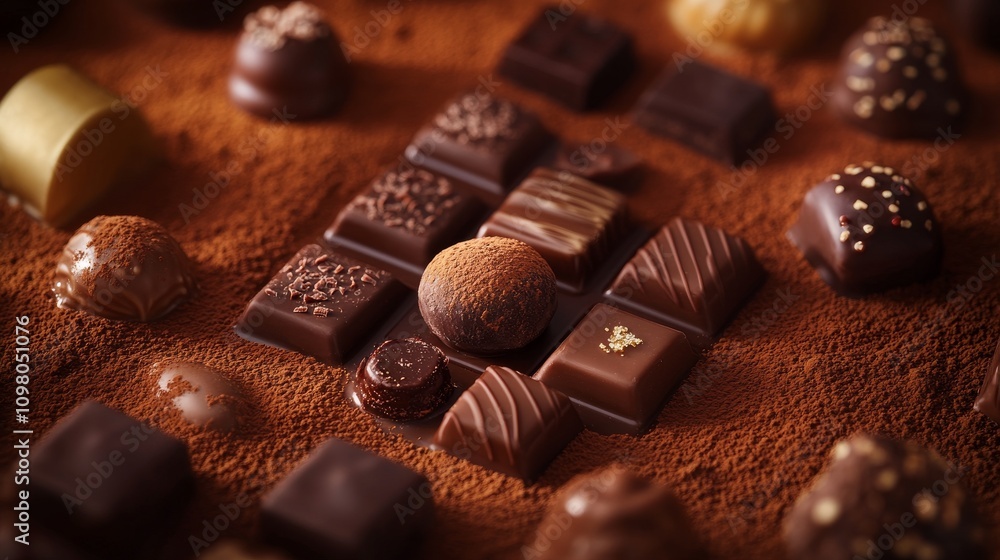 Poster a beautiful array of luxury chocolates arranged on a bed of cocoa powder, highlighting intricate tex