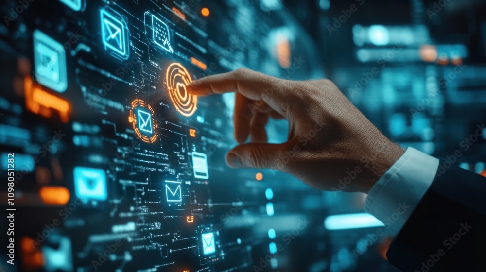 Poster businessman pointing at a digital screen with email security alerts and warning icons glowing, symbo