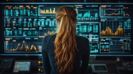 Businesswoman Presenting Digital Strategy Chart with Financial Data Visualization in Corporate Workspace