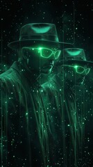 Fototapeta premium three incognito figures wearing hats and sunglasses, the figures are accompanied by glowing green lights