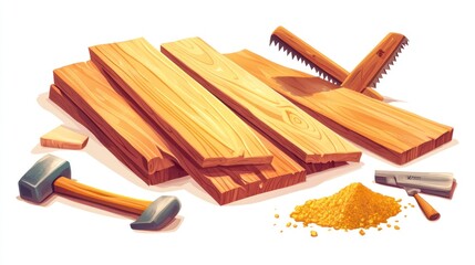 Wooden Planks Illustration: Carpentry Tools and Wood Shavings