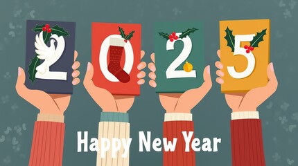 Festive 2025 Christmas and New Year Illustration with Hands Holding Cards