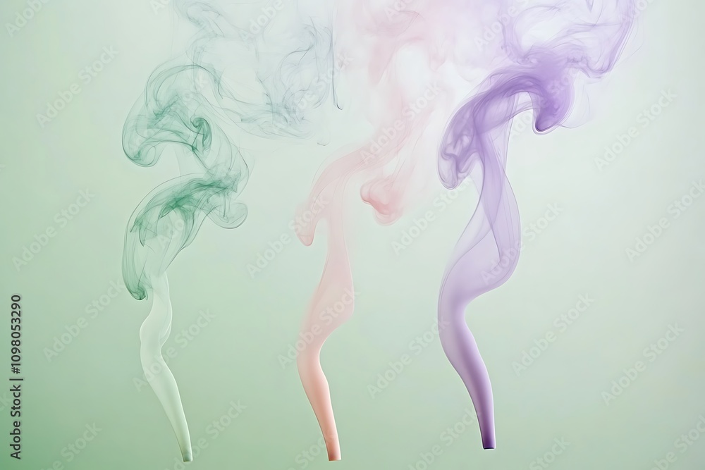 Poster three wisps of colored smoke on a light background, creating an abstract and artistic effect.