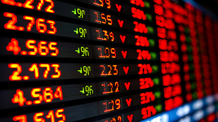Fototapeta premium A stock market screen showing fluctuating red and green numbers, representing financial trends and trading.
