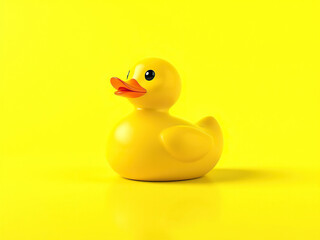 Single rubber duck isolated on green background with reflection, fun, reflection, duckling, colorful