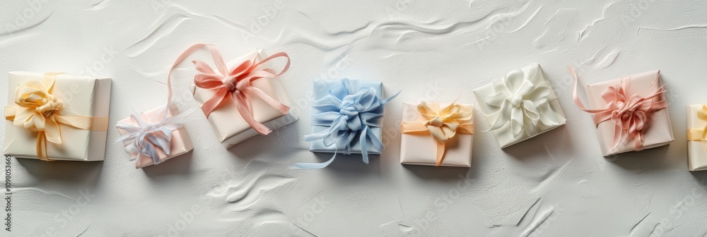 Poster crafted paper gift boxes adorned with soft pastel ribbons line a textured surface, perfect for any g