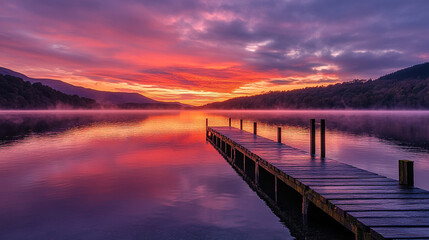 Obraz premium Stunning sunset over calm lake with a wooden dock reflecting vibrant colors