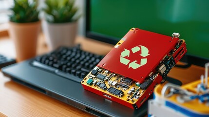 Fototapeta premium A red electronic device with a recycling symbol sits on a keyboard, surrounded by plants, suggesting a blend of technology and eco-friendliness.