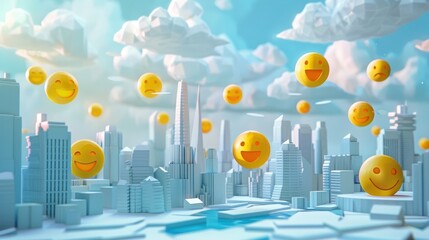 Playful scene with smiling emojis hovering over a modern city skyline with clouds and bright, imaginative colors.