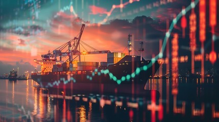 Cargo ship at sunset with stock market graphs overlay for global economic impact trade shipping finance logistics international commerce investment visualization concept.