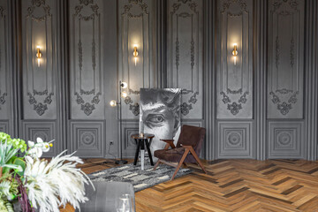 the dark brutal interior of the living room in a historical style in a mansion with panoramic...