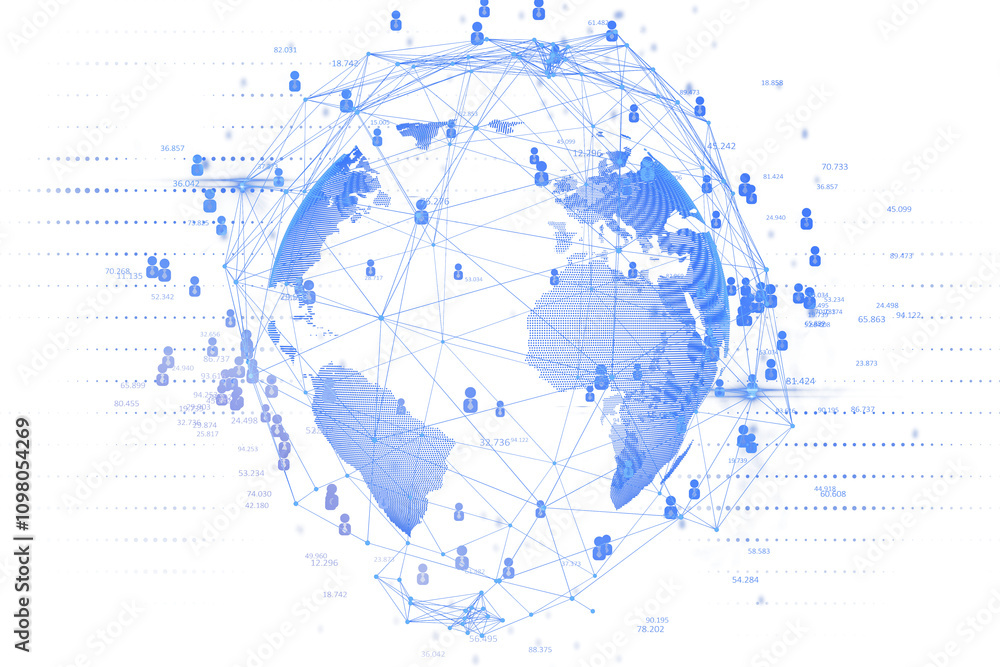 Aufkleber Digital world map with holographic lines and user icons, isolated on white background, representing global virtual connections concept. 3D Rendering.