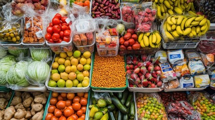 Obraz premium Colorful fruits and vegetables at a market.