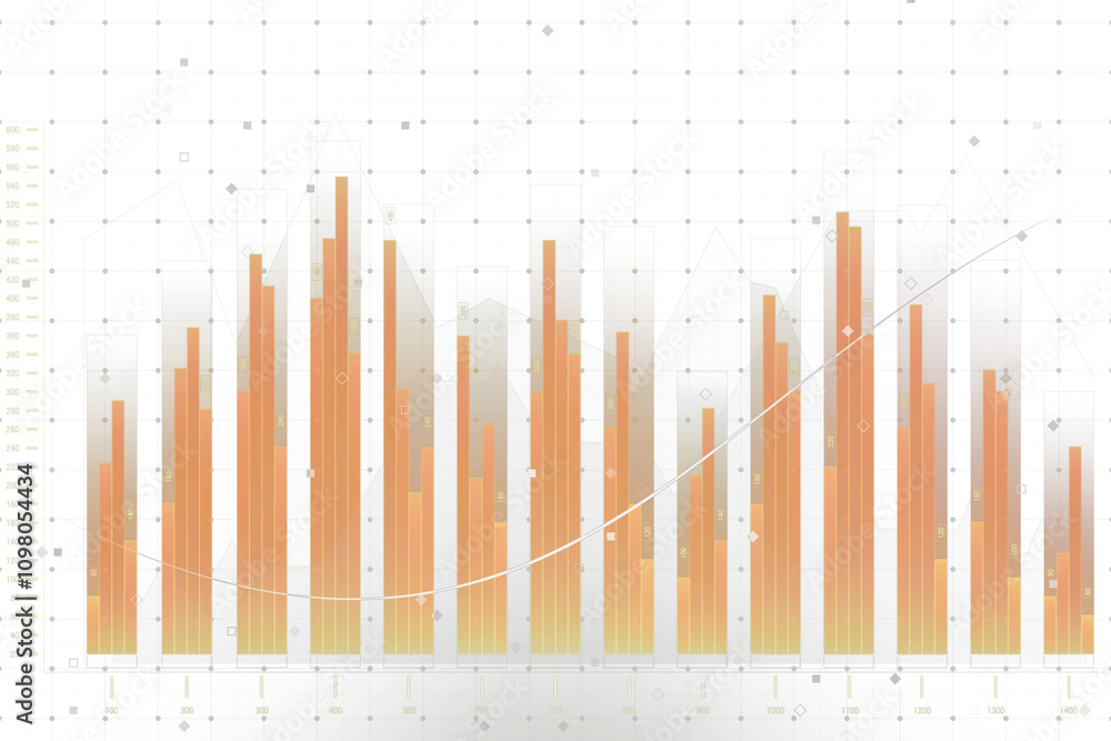 Poster Gradient orange bars with line overlay on a white grid background, visualizing statistical data. Concept of analytics and technology. 3D Rendering.