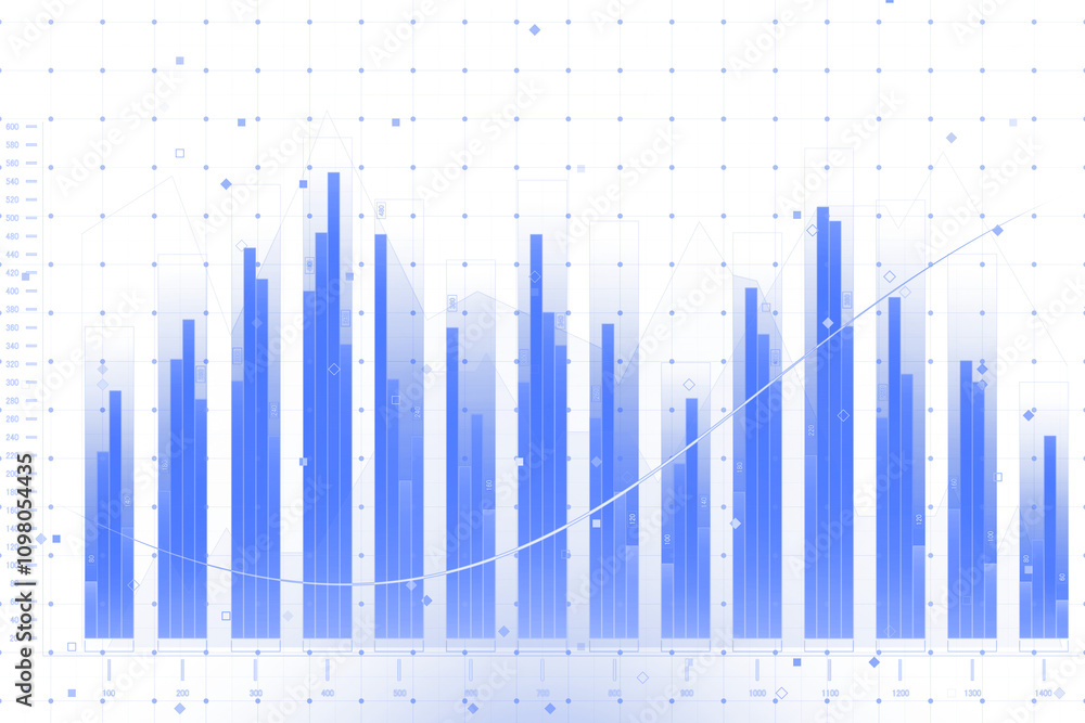 Aufkleber Abstract blue bar chart with data points, trend line, transparent grid background, white theme, concept of digital analysis and statistics. 3D Rendering.