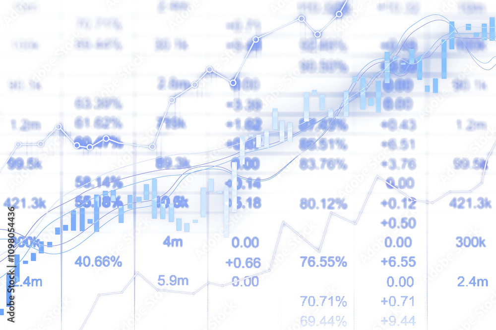 Poster Abstract blue financial charts with graphs, lines, and data overlays, presented on a blurred white background. Concept of analysis. 3D Rendering.