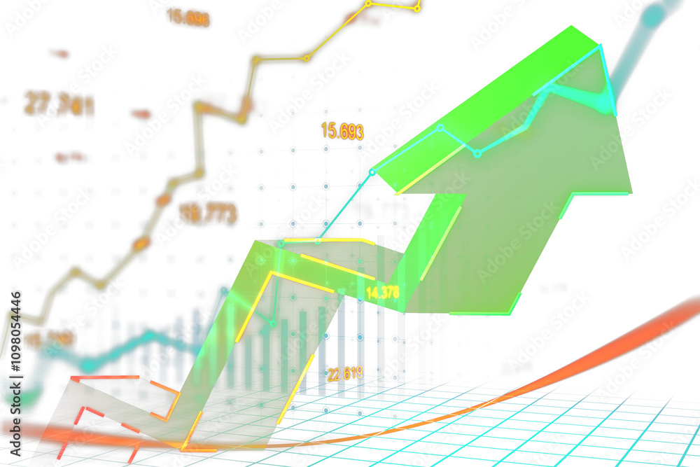 Poster abstract digital chart with a green upward arrow and graphs, transparent and isolated on a white bac