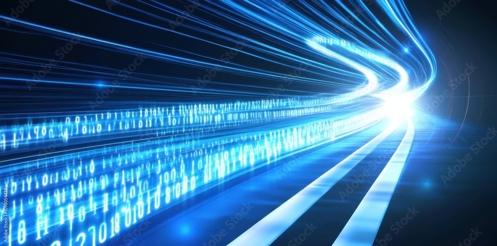 Poster an abstract highway path rendered in 3d, set amidst digital binary towers in a city. the scene illus