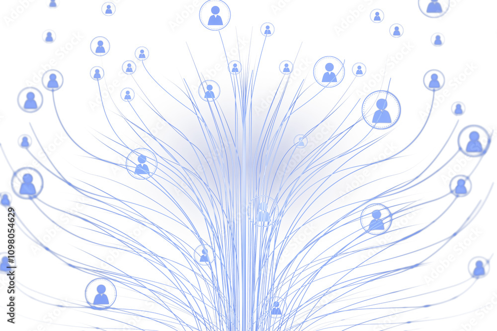 Aufkleber Interconnected user icons in blue lines on a white background, representing digital communication, virtual networking, and technology concepts. 3D Rendering.