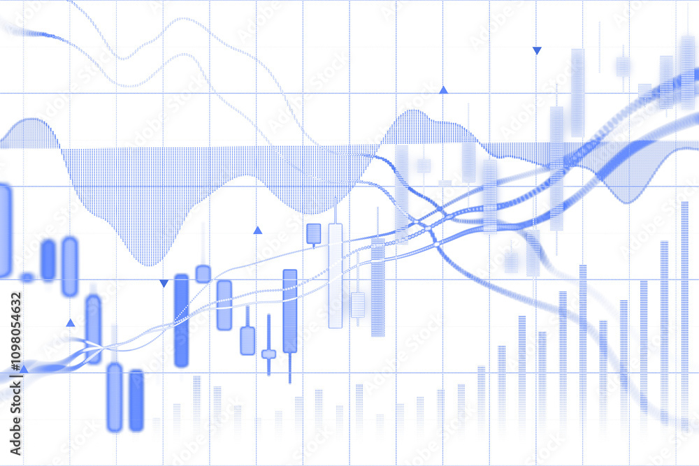 Poster Abstract financial chart with glowing blue candlestick patterns, lines, and graphs on white background. Concept of virtual market analysis. 3D Rendering.