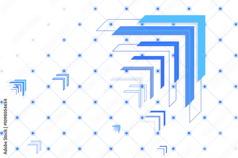 Poster Blue abstract layered arrow shapes on white grid pattern background, featuring clean layout and modern design concept of technology. 3D Rendering.