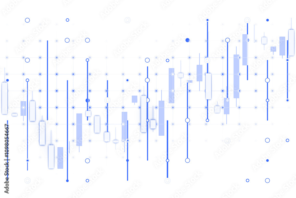 Poster abstract illustration of blue candlestick chart with digital circles, white background, representing