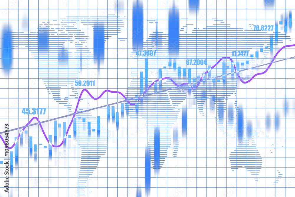 Poster financial chart with grid, global map, bar, and line graphs on a clean white background, representin