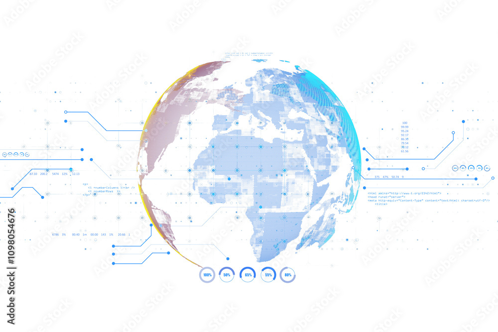 Aufkleber Digital globe surrounded by blue and yellow data visualization lines, codes, and percentage graphs, on a clean white background. Concept of technology. 3D Rendering.
