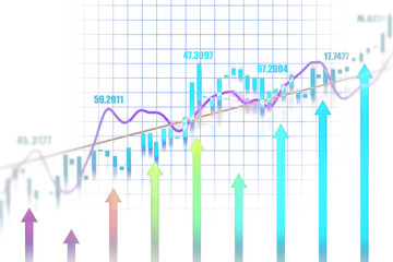 Financial graph with candlestick chart, trendlines, and colorful upward arrows on white grid background. Concept of business growth. 3D Rendering.