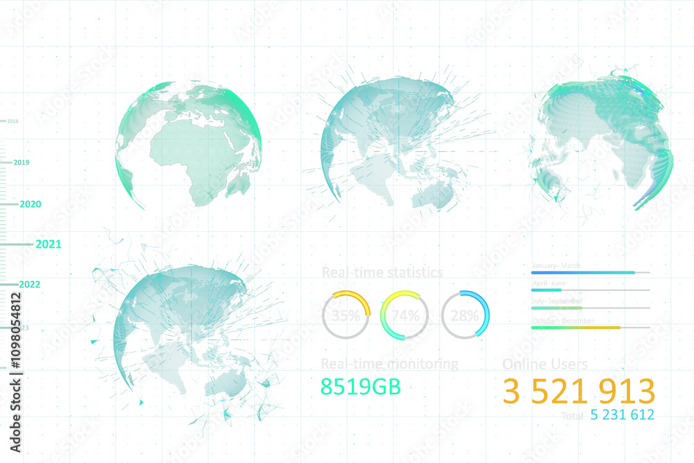 Poster Abstract digital globe with data charts, holographic design, white grid background, vibrant neon elements, representing virtual connectivity concept. 3D Rendering.