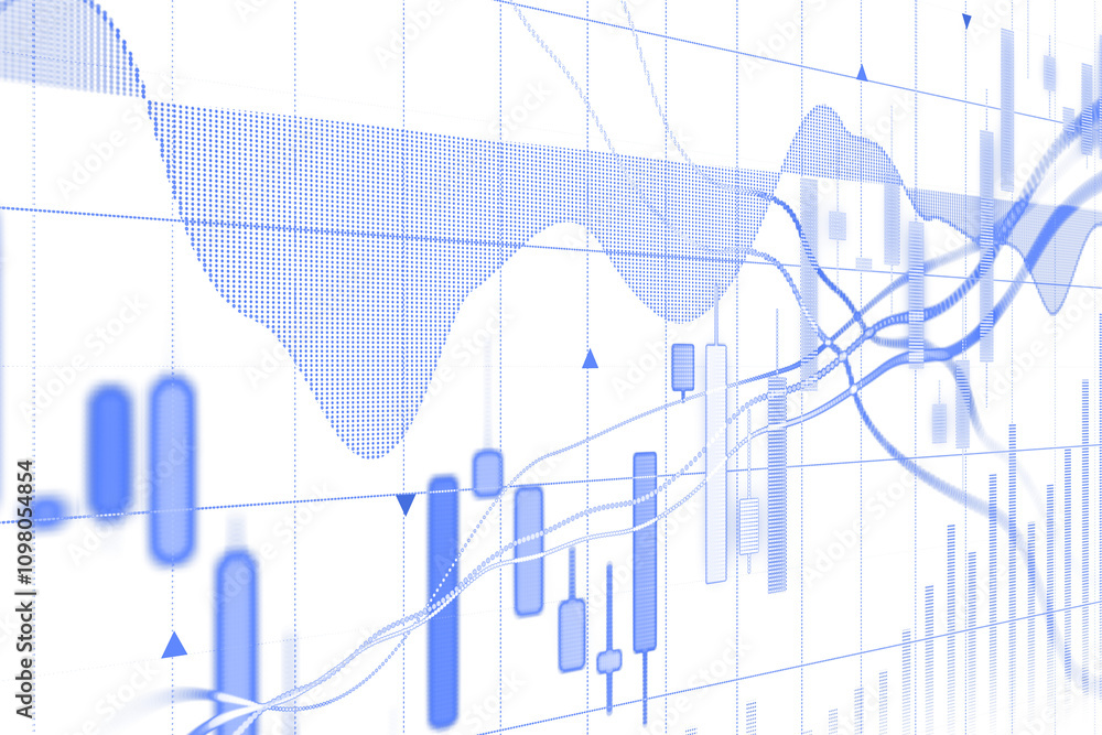 Leinwandbilder abstract financial chart with candlestick and line graphs in blue, a white background, representing 