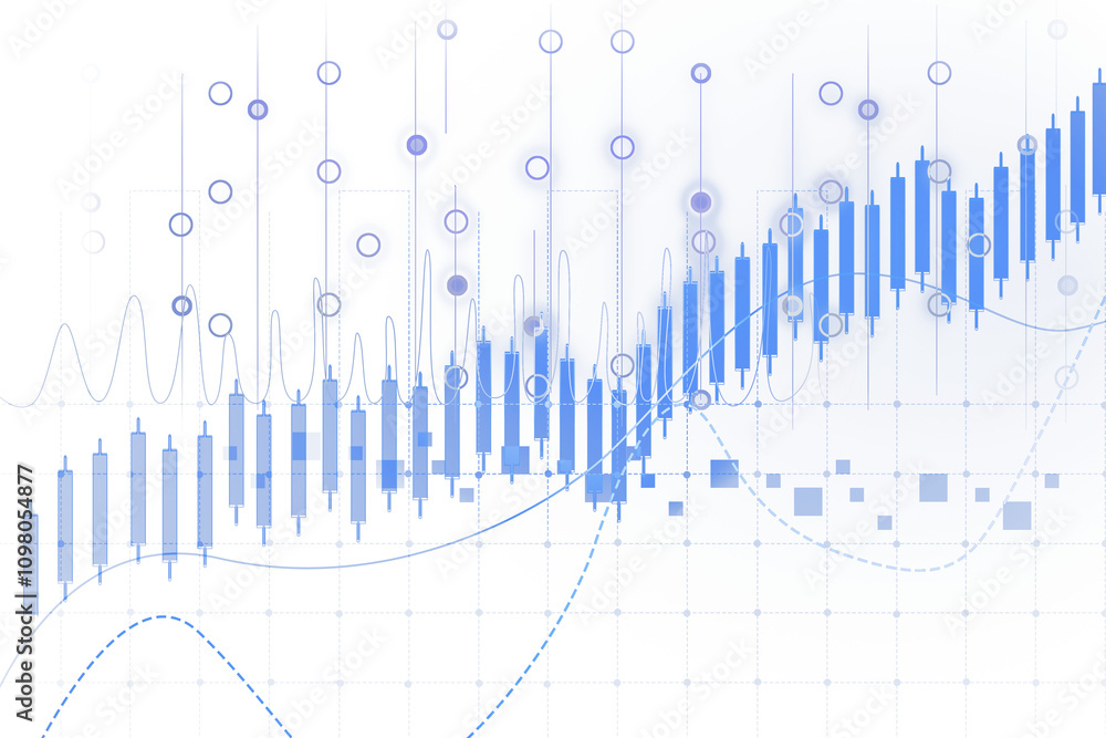 Poster abstract financial chart with blue candlestick graphs, circular nodes, and lines on a white backgrou