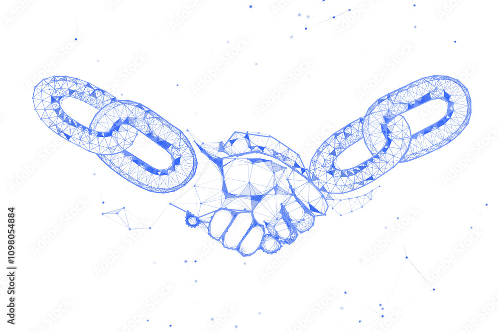 Poster Polygonal handshake fused with chain links, blue wireframe style, isolated on white background. Concept of blockchain and digital trust. 3D Rendering.
