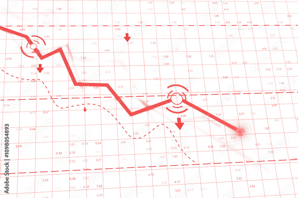 Poster downward red trend line on grid chart with arrows and data points, isolated on white background. con