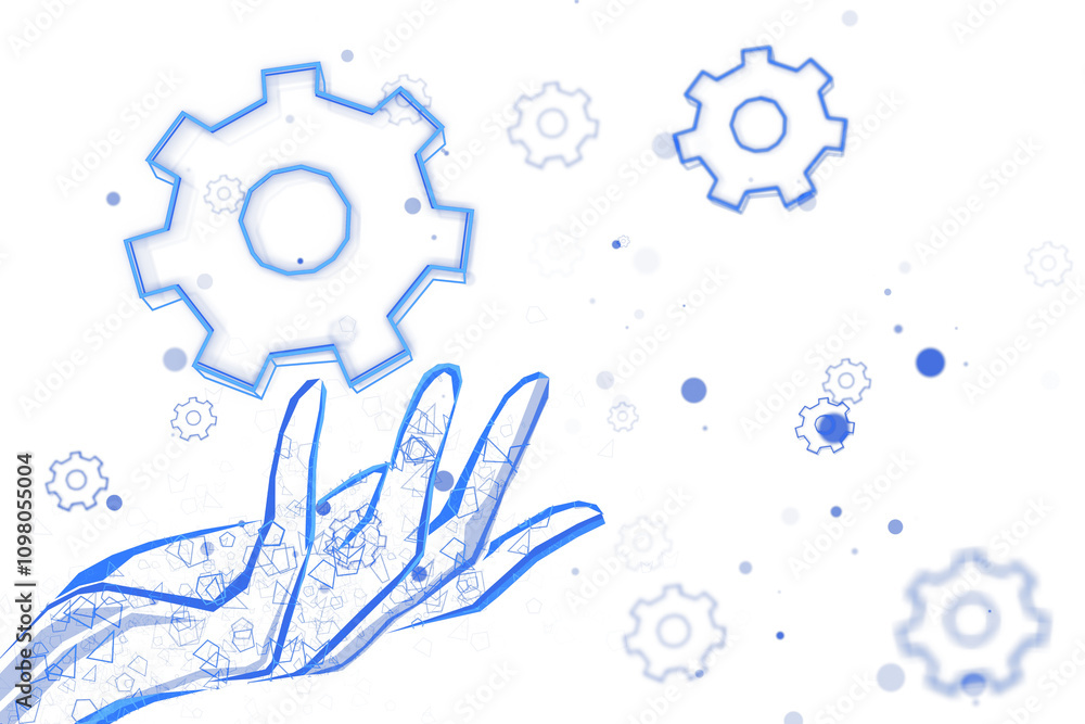 Poster abstract digital hand with holographic gear icons, blue outline design on white background, represen