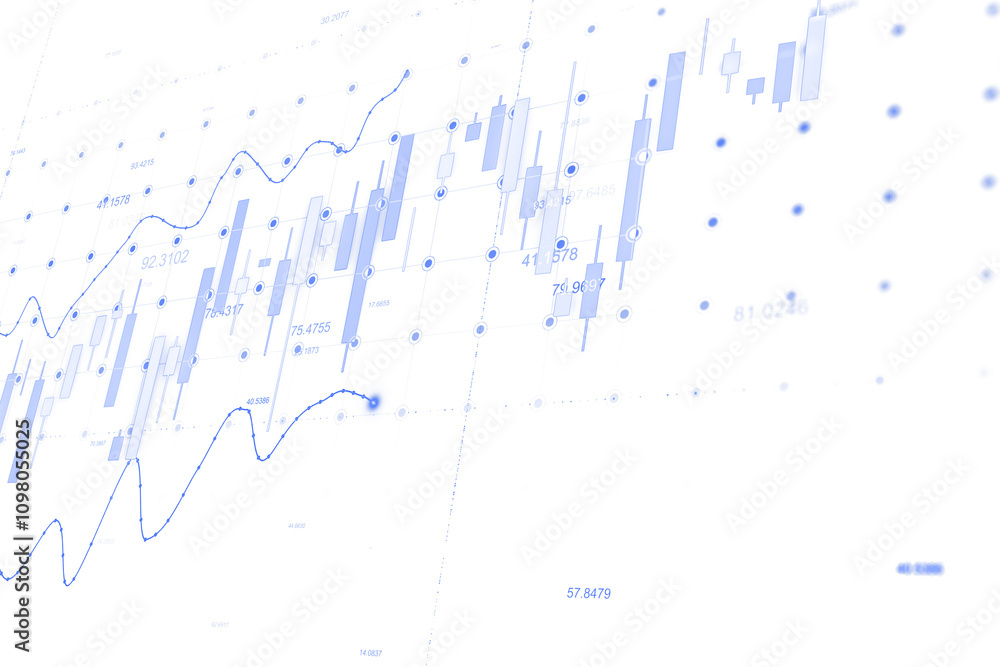 Poster financial chart with blue candlestick and line graph, holographic style, on a white background. conc
