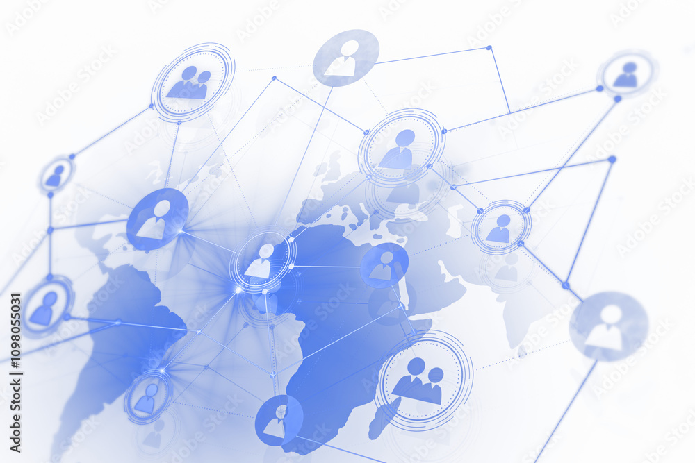Fototapete Abstract global network concept showcasing connected user icons on a translucent world map with glowing blue tones. 3D Rendering